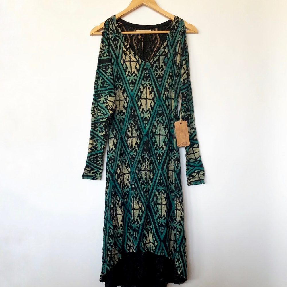 Hand Dyed Block Dress Cold Shoulder Teal/Black - S